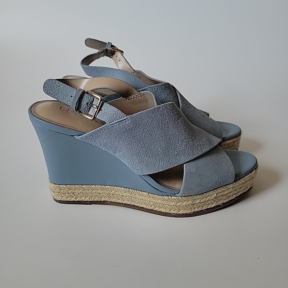 H Halston Stella Slingback Sandals 8.5M Powder Blue Suede Chambray Wedge Heel - Picture 7 of 16